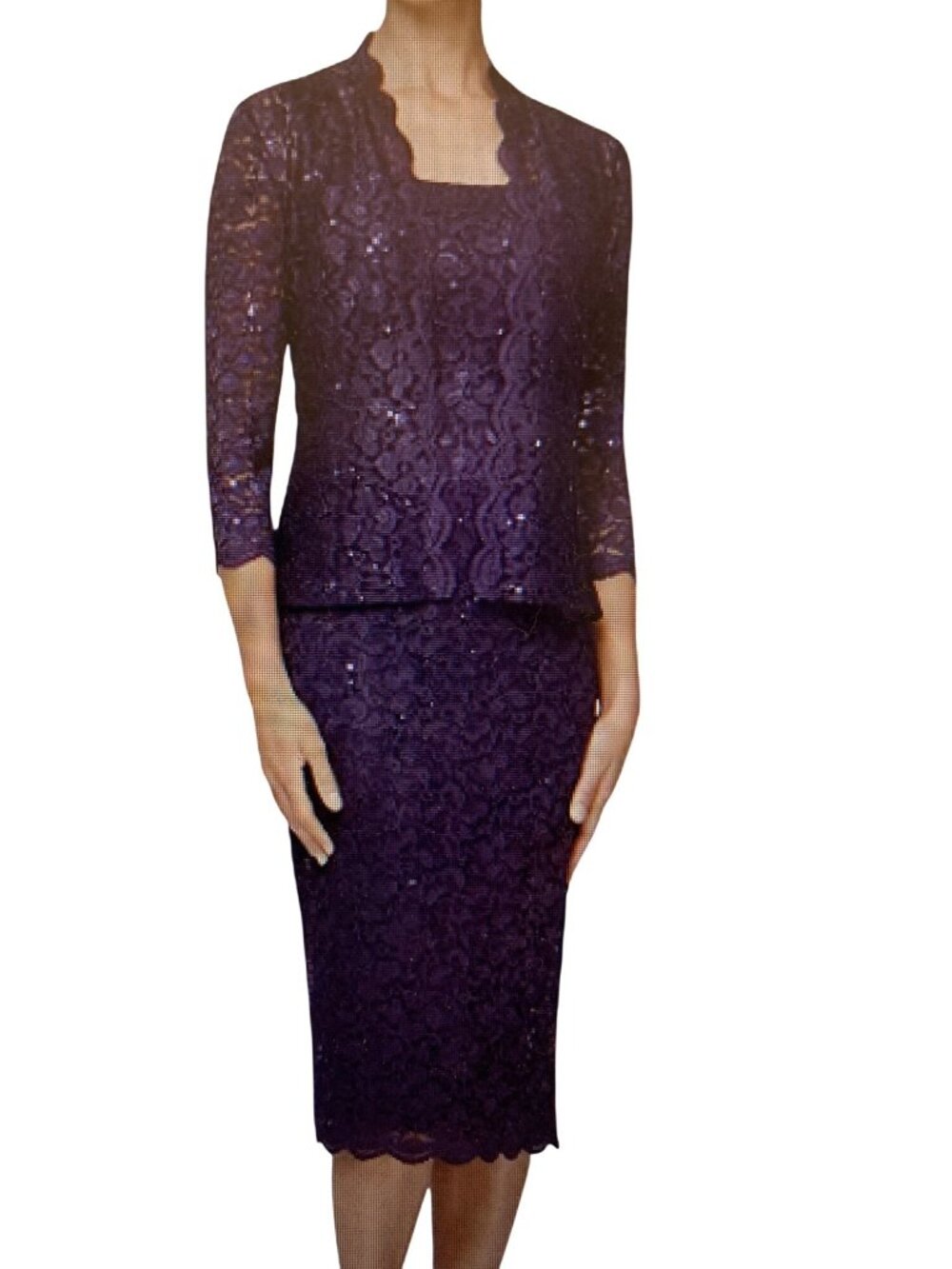 SL FASHIONS PETITE LACE JACKET MIDI DRES  2 piece Set Eggplant 6  NWT